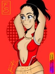 1girls armpit_hair armpits arms_behind_back black_hair breasts female_only franciasaraí grey_eyes hero_outfit_(mha) momo_yaoyorozu my_hero_academia nipples_visible_through_clothing red_background red_costume solo_female stomach_hair white_skin