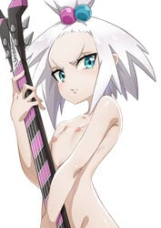 ajula_wachula aqua_eyes breasts closed_mouth commentary_request creatures_(company) eyelashes female flat_chest flat_chested game_freak guitar gym_leader hair_bobbles hair_ornament highres holding holding_instrument igana_asonerikes instrument nintendo nipples nude pokemon pokemon_(game) pokemon_bw2 roxie_(pokemon) shiny shiny_skin small_breasts solo topknot v-shaped_eyebrows white_hair