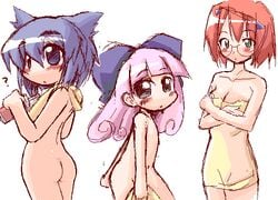 arms_crossed ass blue_hair blush bow eyebrows_visible_through_hair flat_chest fujimiya_madoka glasses green_eyes ikkyuu long_hair pani_poni_dash! pink_hair serizawa_akane short_hair takamizawa_haruka towel water_bottle