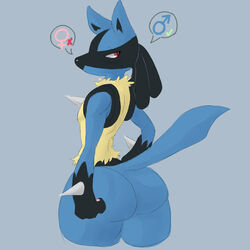 anthro anus ass blush canine fur furry looking_back lucario male male_only mammal nintendo pokemon pokemon_(species) raised_tail red_eyes signirsol solo spikes tail_grab video_games