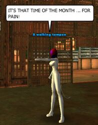 3d 3d_(artwork) city_of_heroes english_text inanimate large_breasts nude screenshot speech_bubble spread_legs tampon