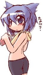 blue_eyes blush clothing eyebrows_visible_through_hair female ikkyuu pani_poni_dash! parted_lips serizawa_akane shorts solo towel towel_around_neck translation_request