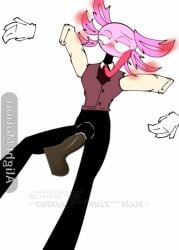 alight_motion armless aroused axolotl black_body blush blushing_profusely brown_penis eyes_rolling_back gills heart-shaped_pupils looking_pleasured pink_tie pink_vest pleasure pleasured_face rolled_up_shirt rolled_up_sleeves watermark white_gloves wide_eyes