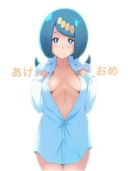 1girls big_breasts blue_eyes blue_hair blush breasts cleavage e_keroron female female_only game_freak hair japanese_text lana's_mother_(pokemon) looking_at_viewer mature mature_female mature_woman milf mother open_shirt pokemon pokemon_sm shirt smile solo solo_female thighs white_shirt