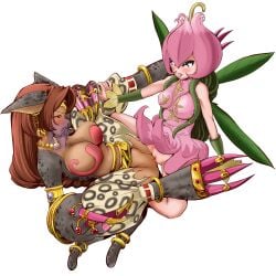 2016 2girls 3_toes bastemon big_breasts black_eyes blep blush breasts brown_hair cat_ears catgirl censored censored_pussy clawed_toes digimon digimon_(species) female female/female female_only hi_res lillymon long_hair mosaic_censoring open_mouth plant_girl pussy scissoring sharp_fingernails torn_clothes tribadism uncensored veil white_background wings yoyokkun yuri