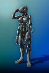 2:3 4_arms 4_eyes absurd_res alien black_body cetacean cybernetic_arm cybernetic_limb cybernetics cyborg drqube female genitals gesture hi_res machine mammal marine multi_arm multi_eye multi_limb muscular muscular_female nipples pussy safe_nudity salute smooth_skin solo