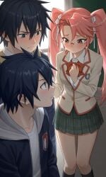 1boy1girl ai_generated black_hair couple fairy_tail glasses gray_fullbuster highschool_of_the_dead pink_hair saya_takagi school school_uniform twintails