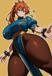 absurd_res ai_assisted ai_generated anime anime_style big_ass big_breasts boku_no_hero_academia busty busty_female chun-li_(cosplay) civitai colorful_background curvaceous curvy curvy_body curvy_figure curvy_hips deviantart female female_focus female_only front_view green_eyes highres hourglass_figure huge_breasts itsuka_kendou kendou_itsuka leggings long_hair looking_at_viewer my_hero_academia orange_hair ponytail solo solo_female sweatdrop sweating thick_thighs thunder_thighs thunderthighs wide_hips