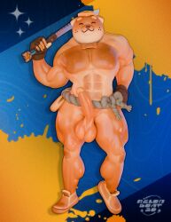 3d_(artwork) absurd_res anthro balls big_penis breasts canid canine canis digital_media_(artwork) doughberman genitals hi_res holding_object holding_weapon humanoid_genitalia humanoid_penis male mammal melongoat3d nude penis solo weapon