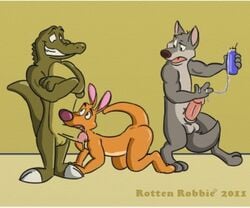 2011 anthro balls canine crocodile crocpond dex fur furry furry_only gay group kangaroo lube male marsupial penis reptile rompa rotten_robbie scalie threesome wink_(crocpond) wolf