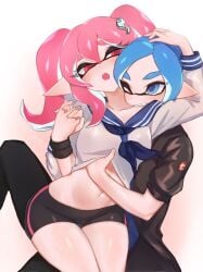 1boy 1boy1girl 1girls bike_shorts biting blue_eyes blue_hair blue_neckerchief blue_sailor_collar blush collarbone female furrowed_brow hair_between_eyes hair_ornament hand_under_clothes highres inkling inkling_boy inkling_girl inkling_player_character interlocked_fingers jtveemo long_hair long_sleeves looking_at_another mask navel neckerchief nintendo one_eye_closed pink_eyes pink_hair pointy_ears sailor_collar school_uniform serafuku shirt short_sleeves single_vertical_stripe splatoon splatoon_(series) teeth tentacle_hair thighs twintails white_shirt