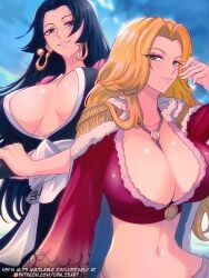 bare_arms bare_shoulders big_breasts black_hair bleach blue_eyes blush boa_hancock boa_hancock_(cosplay) clothed clothing color female female_focus female_only hi_res large_breasts light-skinned_female light_skin long_hair looking_at_viewer matsumoto_rangiku matsumoto_rangiku_(cosplay) one_piece opalisart orange_hair shounen_jump solo_female tagme thick_thighs