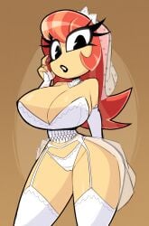 aunt aunt_holiday_(mlp) big_breasts black_eyes breasts bride bride_veil female female_only gloves human humanoid lingerie looking_at_viewer milf my_little_pony nelljoestar red_hair thick_thighs wedding_dress wedding_ring white_panties yellow_body