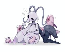 2025 5:4 absurd_res ambiguous_gender antennae_(anatomy) anthro areola arthropod arthropod_abdomen bayonet_(artist) big_breasts bodily_fluids breasts digital_media_(artwork) exclamation_point female female/ambiguous group hi_res hollow_knight iselda_(hollow_knight) motion_lines nipple_fetish nipple_play nipple_suck nipples on_ground simple_background sucking sweat sweatdrop team_cherry white_background