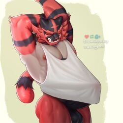 1:1 2024 anthro areola axiang_cai balls barazoku biceps big_balls big_bulge big_muscles big_penis bottomless bottomless_anthro bottomless_male bulge closed_eyes clothed clothing erection erection_under_clothing eyebrows fur generation_7_pokemon genitals grey_background humanoid_genitalia humanoid_penis incineroar male muscular muscular_anthro muscular_male nintendo nipples obliques open_mouth open_smile pecs penis pokemon pokemon_(species) serratus simple_background smile solo standing stretching teeth tenting tuft