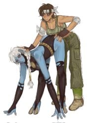 2girls alien alien_girl ass astra_militarum bent_over blue_skin brown_eyes brown_hair catachan_jungle_fighters clothed corrupted_twitter_file doggystyle_position fewer_digits fire_warrior headband hooves human human_on_alien implied_sex interspecies interspecies_yuri leotard long_legs military_uniform multiple_girls pagansp1der tau warhammer_(franchise) warhammer_40k yuri