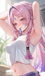 1girls adjusting_hair ai_generated armpits arms_up belly belly_button blue_eyes blush braid breasts citlali_(genshin_impact) eye_contact female female_only genshin_impact hoyoverse looking_at_viewer midriff pink_hair ponytail seductive seductive_look seductive_smile smile solo sweat tank_top