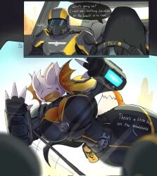 1girls 2boys arzyparzy big_breasts big_breasts breasts breasts cape clothed clothed_female clothed_male female funny helldiver_(helldivers) helldivers helldivers_2 hunter_(helldivers) male thick thick_thighs thighs video_game_character windshield