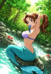 1female 1females 1girls 2d 2d_(artwork) 2d_artwork ahoge bare_armpits bare_arms bare_back bare_midriff bare_shoulders bare_skin belly_button blue_ribbon blue_tail blush blush blushing_at_viewer brown_eyes brown_hair cleavage delia_ketchum_(pokemon) female female_only fish_tail forest forest_background girl_only green_tail half_naked light-skinned_female light_skin long_hair looking_at_viewer mermaid mermaid_ass mermaid_girl mermaid_suit mermaid_tail midriff milf navel only_females only_girl pokeball pokemon pokemon_(anime) pokemon_rgby ponytail purple_seashell ribbon river rock rocks seashell seashell_bikini seashell_bikini_top seashell_bra sideboob sunlight sunlight_rays tail trees tying_hair water_drop water_droplets water_drops