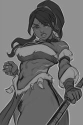 bare_shoulders breasts cowboy_shot detached_sleeves djcomps female female_pubic_hair from_below grey_background greyscale highres holding holding_polearm holding_weapon large_breasts league_of_legends monochrome navel nidalee parted_bangs polearm ponytail pubic_hair solo weapon