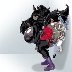 1boy 1girls against_wall animal_ears anthro areola_slip areolae ass ass_bigger_than_head ass_grab balls bent_over big_areola big_ass big_balls big_breasts big_butt big_penis black_hair boots breasts breasts_bigger_than_head bubble_butt buttjob canine clothing curvaceous curvy curvy_figure dat_ass de_kurayami dumptruck_ass erection face_markings female femboy fishnets furry girly hourglass_figure huge_ass huge_balls huge_breasts huge_cock hung_trap hyper_ass hyper_breasts hyper_penis larger_female legwear long_hair looking_back low_hanging_balls male miniskirt mostly_nude murasaki_(suxihn) nude oerba_yun_fang open_mouth penis side_view size_difference skirt slim_waist smaller_male stockings tail thick_thighs voluptuous voluptuous_female wide_hips wolf wolf_ears wolf_girl yellow_eyes