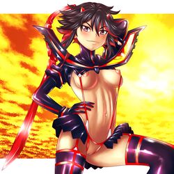 1girls areola breasts female female_only garter_straps gloves kill_la_kill matoi_ryuuko nipples pussy scissor_blade senketsu short_hair skirt solo suspenders thigh_boots two_tone_hair weapon