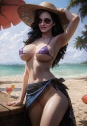 ai_generated armpits beach black_hair breasts female juliensecond light-skinned_female nipples_visible_through_clothing no_panties purple_eyes pussy sea smiling straw_hat sunglasses swimsuit the_witcher_(series) the_witcher_3:_wild_hunt tinted_eyewear yennefer