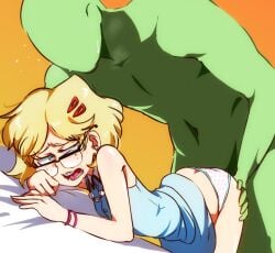 1ambiguous 1girls anon ass blonde_female blonde_hair blush bracelets braces female female_focus glasses green_body hairclip half-closed_eyes half-dressed jcm2 lori_loud nickelodeon on_bed open_mouth polka_dot_panties short_hair sweatdrop teenage_girl the_loud_house touching_ass