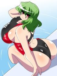 blush competition_swimsuit gigantic_ass gigantic_breasts hand_in_hair high-angle_view kazami_yuuka looking_at_viewer one_arm_up sitting smile swimsuit thick_thighs touhou water wide_hips yuka_kazami