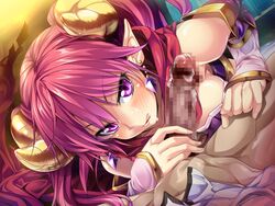 1boy 1girls after_fellatio armodias blush breasts censored demon_girl demon_horns ear_ornament elbow_gloves female game_cg gloves grimoire_no_shisho horns long_hair marushin_(denwa0214) penis pink_hair pointy_ears purple_eyes scarf succubus