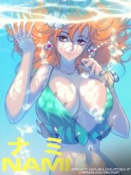 bare_arms bare_shoulders big_breasts blush clothed clothing color female female_focus female_only hi_res large_breasts light-skinned_female light_skin long_hair looking_at_viewer nami nami_(one_piece) one_piece opalisart orange_eyes orange_hair shounen_jump solo_female swimwear tagme thick_thighs underwater