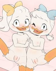 2girls anthro avian blush disney duck ducktales ducktales_(2017) furry furry_female june_duck may_duck nude ponytail pussy ribbon twins twintails