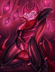 1girls 2025 anthro black_body black_skin cloak deadchimera female female_only grimm_(hollow_knight) hand_behind_head hi_res hollow_knight insects legs_apart masturbation nightmare_king_grimm pussy red_eyes rule_63 smile solo thighs