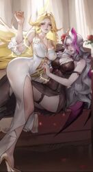 2girls big_ass big_breasts blonde_hair dress elowyn multicolored_hair omniheroes ophelia white_hair yuri