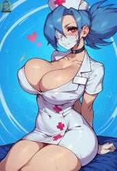 1girls ai_generated big_breasts blue_hair blush clothed clothing color female female_focus female_only hi_res large_breasts light-skinned_female light_skin long_hair looking_at_viewer nipples_visible_through_clothing nurse nurse_cap nurse_uniform red_eyes skullgirls solo solo_female sweat tagme thick_thighs valentine_(skullgirls) yashugai