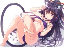 anime_girl animegirl beautiful beautiful_females belly belly_button blush blush cameltoe cat_ears cat_girl cat_pose cat_tail catgirl cute cute_expression cute_eyes cute_face cute_girl erect_nipples_under_clothes feet feet_first feet_focus feet_up laying_back laying_down laying_on_back laying_on_floor laying_on_ground long_hair lovely nekomimi pale-skinned_female pale_skin purple_bikini purple_bra purple_eyes purple_hair purple_panties red_ribbon shiny_eyes shiny_skin white_background yatogami_shido yatogami_tohka