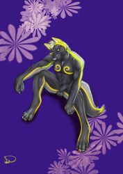 2013 anthro balls canine fur furry glowing_markings grey_fur hair labbedog male male_only nude purple_background sheath solo spread_legs spreading white_hair wolf yellow_markings