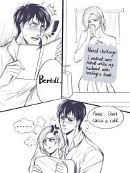 1boy 1girls annie_leonhardt attack_on_titan bertolt_hoover blush covering_breasts funny hair_bun husband_and_wife implied_nudity kuobi_meon married_couple romantic_couple shingeki_no_kyojin straight tied_hair towel wholesome