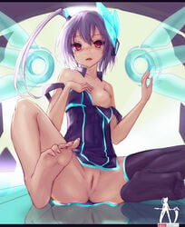 bare_shoulders barefoot breasts feet female hc highres nipples no_panties original purple_hair pussy red_eyes single_thighhigh soles solo strap_slip thighhighs toes uncensored wings