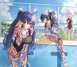 1girls 3girls ass barefoot big_ass big_breasts black_hair breasts busty cleavage feet female female_only hair_ribbon highres large_breasts leaning_forward legs long_hair looking_at_viewer medium_breasts multiple_girls neptune_(neptunia) neptunia_(series) noire omeletricetaro3 one-piece_swimsuit open_mouth pool pose posing purple_eyes purple_hair red_eyes ribbon sensual short_hair siblings sideboob sisters smile swimsuit tattoo thighs tongue twintails uni uni_(neptunia) voluptuous