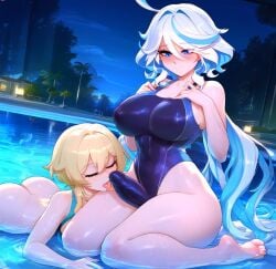 1girls 2girls ai_generated ass barefoot blonde_hair blue_eyes blush breasts closed_eyes erection erection_under_clothes fellatio furina_(genshin_impact) futa_on_female futanari genshin_impact hair_between_eyes hand_on_own_chest huge_breasts licking long_hair lumine_(genshin_impact) multicolored_hair night one-piece_swimsuit onsen oral palm_tree partially_submerged penis penis_awe pool pool_ladder poolside sitting sky sniffing_penis swimsuit tongue tree very_long_hair water yuri