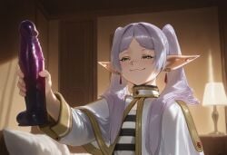 1girls ai_generated clothed_female dildo earrings elf elf_ears elf_female frieren frieren_beyond_journey's_end green_eyes holding_dildo holding_object imminent_sex indoors long_sleeves naughty_face pointy_ears smile smug tagme twintails white_hair