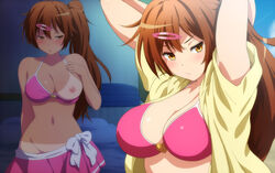 arms_up bikini blush breasts brown_eyes brown_hair chuunibyou_demo_koi_ga_shitai! female hair_ornament hairclip hairu highres long_hair looking_at_viewer nibutani_shinka pink_bikini shiny shiny_skin side_ponytail solo swimsuit tan tanline