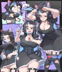 black_hair blue_eyes breast_expansion cleavage giantess_growth heterochromia huge_breasts original_character outgrowing_clothes ripped_clothing sintrybest_(artist) stockings surprised thick_thighs thigh_expansion tight_clothing