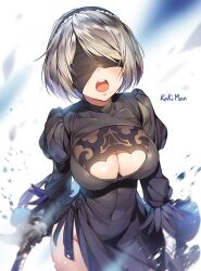 1girls android ass big_breasts blindfold bob_cut boob_window breasts cleavage dress female female_only gloves gray_hair headband holding_weapon kakiman light-skinned_female light_skin looking_at_viewer mask nier:_automata open_mouth solo solo_female sword thighs white_hair yorha_2b