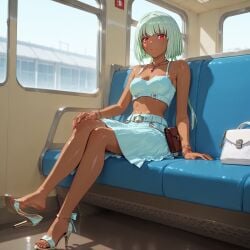 1girls ai_generated beltskirt bus cleavage dark-skinned_female emerald_sustrai green_hair high_heels keiran medium medium_breasts midriff red_eyes rwby sandal_heels short_hair skirt solo tagme