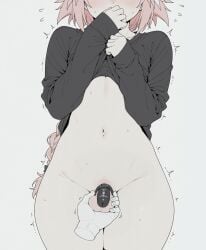 1boy ai_assisted astolfo_(fate) astolfo_(fate/apocrypha) astolfo_(saber)_(fate) black_shirt black_thighhighs blush bottomless braid clothes_lift covering_mouth cowboy_shot disembodied_limb fate/apocrypha fate/grand_order fate_(series) female_pubic_hair feminine_male flying_sweatdrops grey_background lifted_by_self long_braid long_hair long_sleeves male male_focus navel otoko_no_ko penis pink_hair pubic_hair sex_toy shirt shirt_lift simple_background single_braid sleeves_past_wrists solo_focus sondu sweat testicles thighhighs trap trembling twink white_background