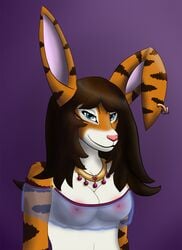 anthro blue_eyes bra breasts brown_hair ear_piercing feline female folded_ear fur furry gem hair heart hybrid lagomorph long_ears looking_at_viewer necklace nipples orange_fur piercing purple_background rabbit skimpy stripes tabbit tiger underwear waffles_(artist)