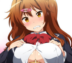 blush breasts brown_eyes brown_hair chuunibyou_demo_koi_ga_shitai! female hair_ornament hairclip hairu highres long_hair male nibutani_shinka paizuri paizuri_under_clothes school_uniform shiny shiny_skin side_ponytail simple_background straight sweat