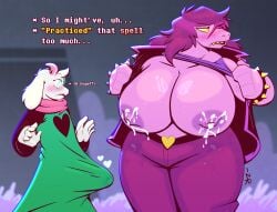 anthro big_breasts big_penis blush bodily_fluids bovid breasts caprine clothing deltarune dragon duo embarrassed erection erection_under_clothing eyewear female flashing genital_fluids genitals glasses goat hi_res horn huge_breasts huge_cock hyper jacket lactating male male/female mammal mythological_creature mythological_scalie mythology penis precum presenting ralsei scalie sharp_teeth surprise susie_(deltarune) teeth topwear undertale_(series) zixzs-redlight